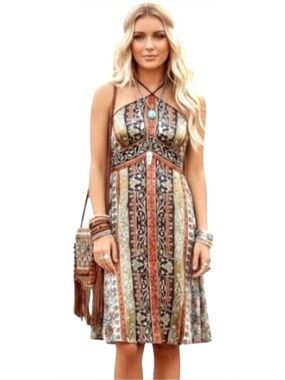 Nicole Miller Halter Scarf Satin Dress 6 Boho Floral Hippie Gypsy Festival
